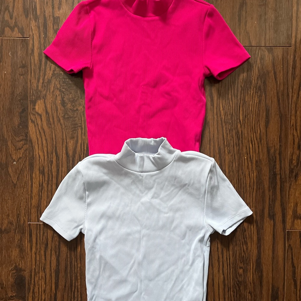 Womens Pink and White Turtleneck Tops